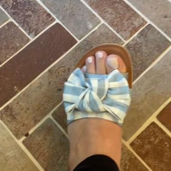 Blue and White Gingham Bow Espadrille Slide Sandals - Picture 2 of 3